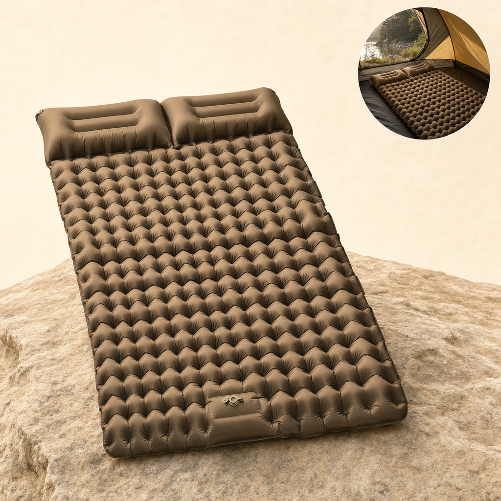 Nestora sleeping pad brown on rock ledge with in-use inset