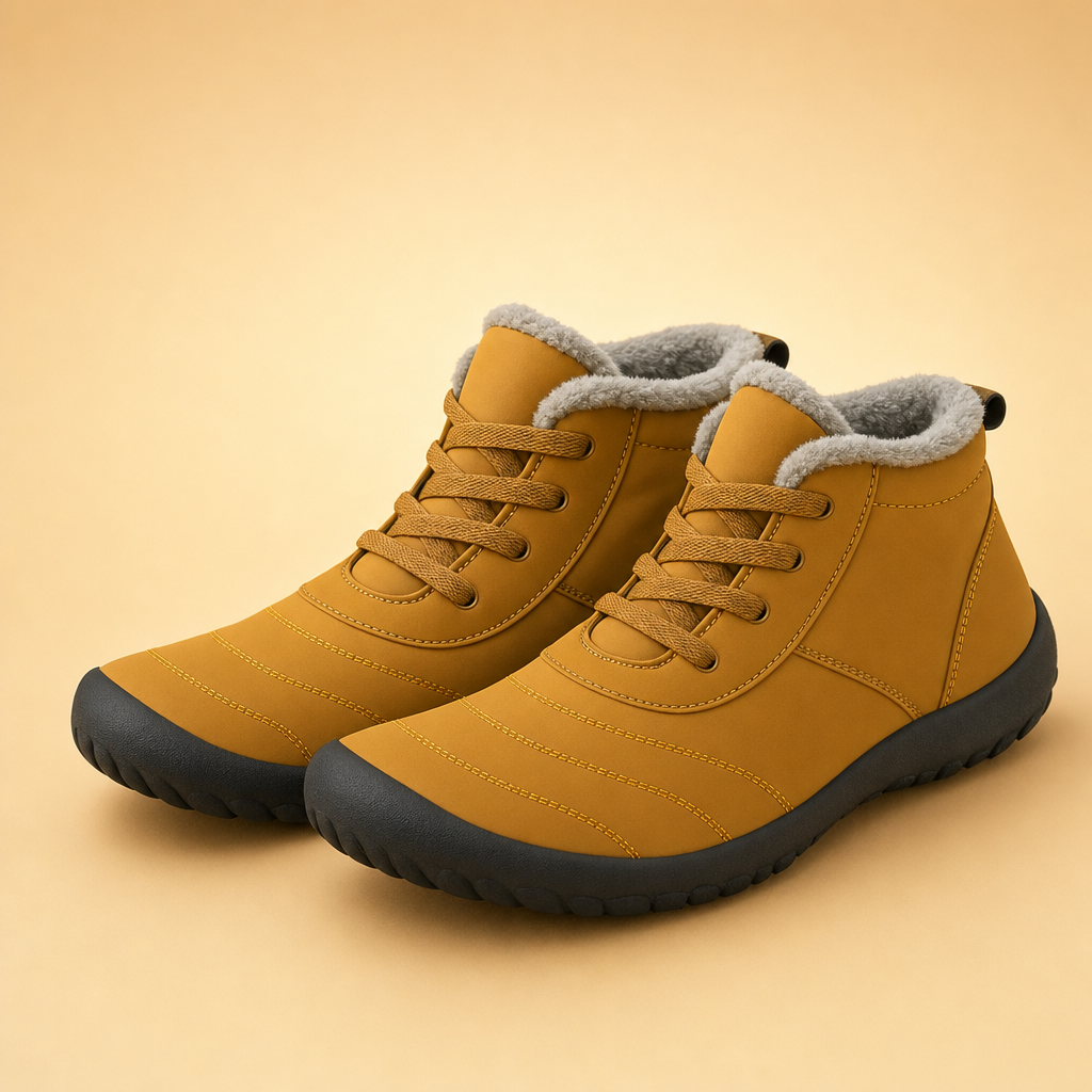 Boreva barefoot winter shoes in mustard, studio product photo