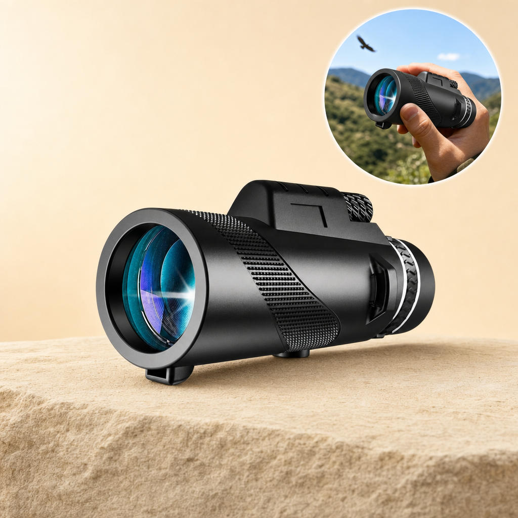 Scoutix monocular black on sandstone with round top-right in-use inset