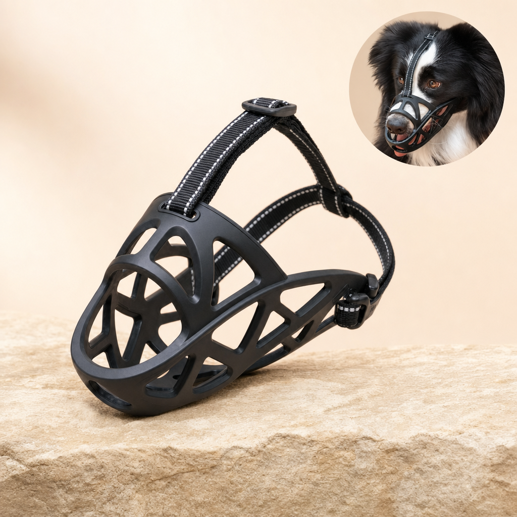 Snoutra soft breathable dog muzzle on sandstone ledge with in-use inset