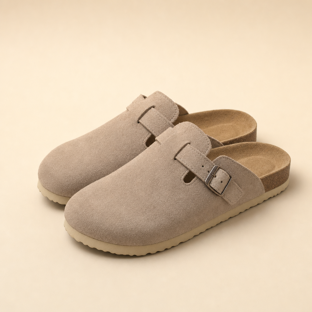Suedova taupe genuine suede clogs with cork-look footbed and adjustable buckle
