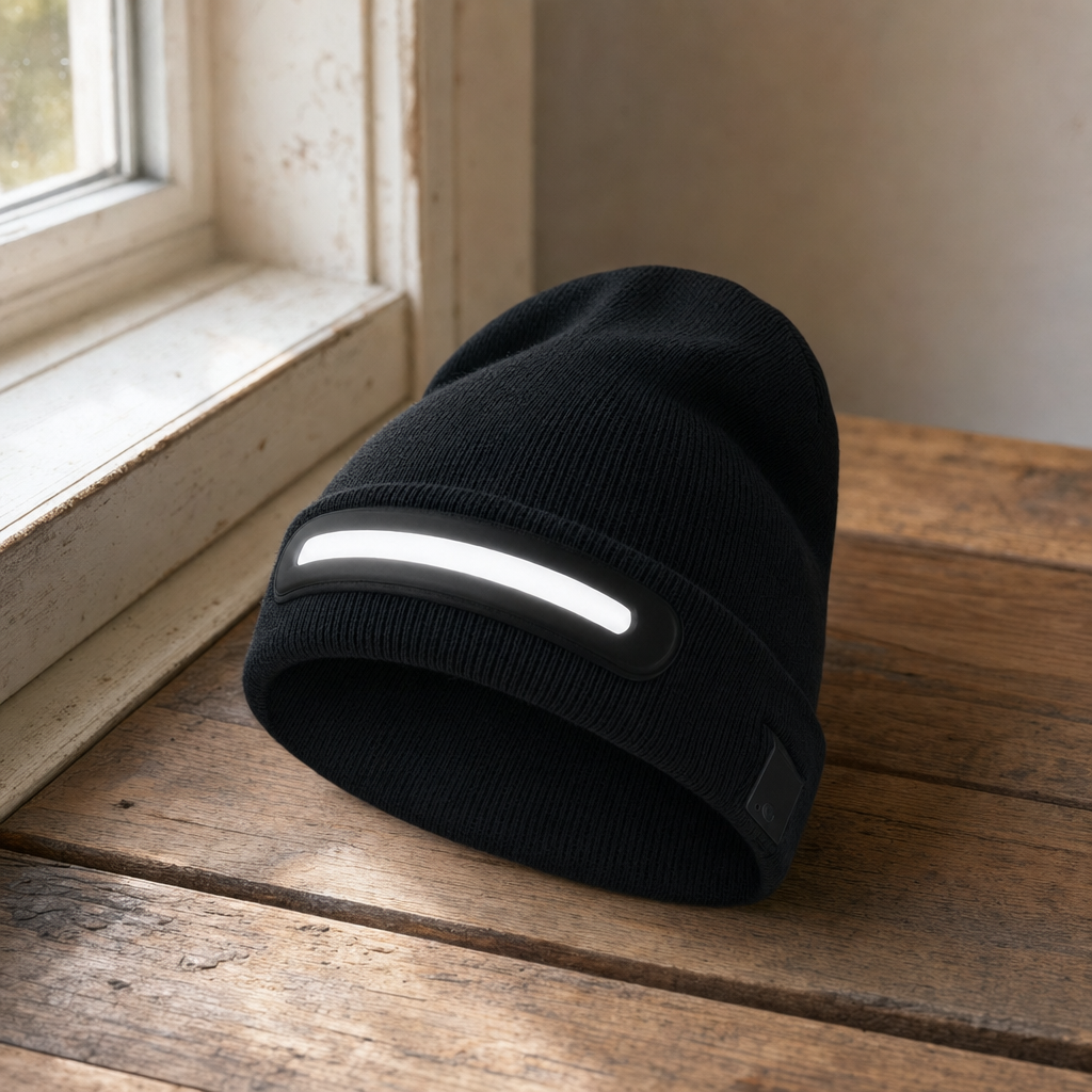 Glowix LED beanie on a wooden table, LED panel visible