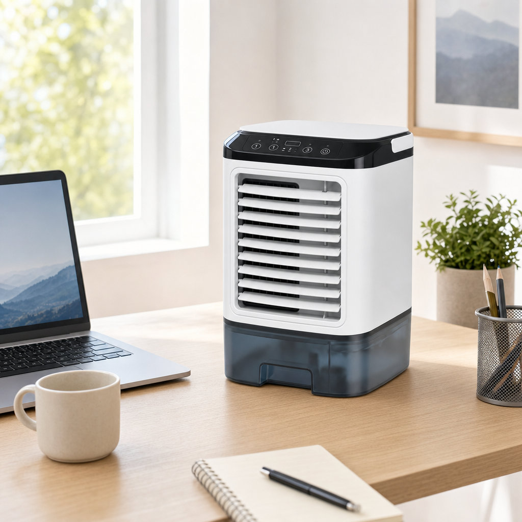 Brezora air cooler on a home office desk