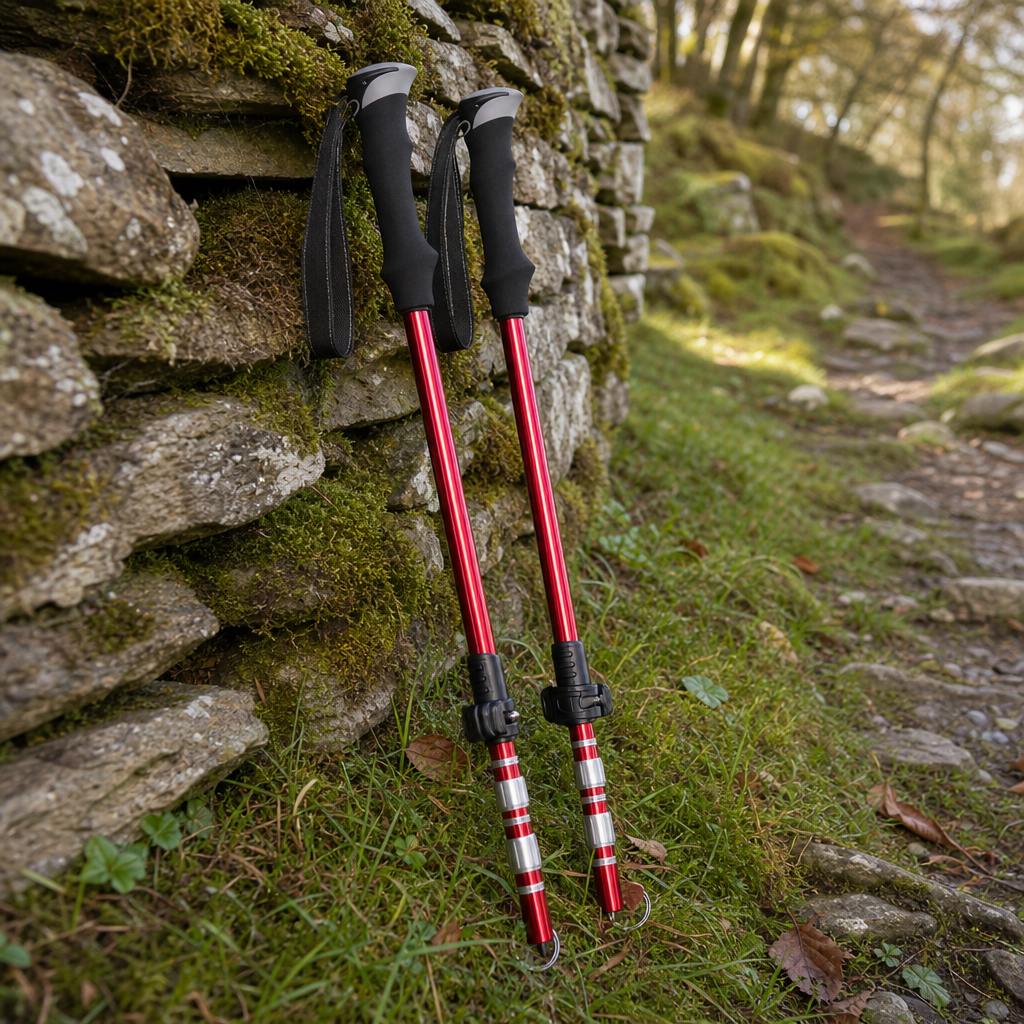 Stavora trekking poles leaning on stone wall - close up