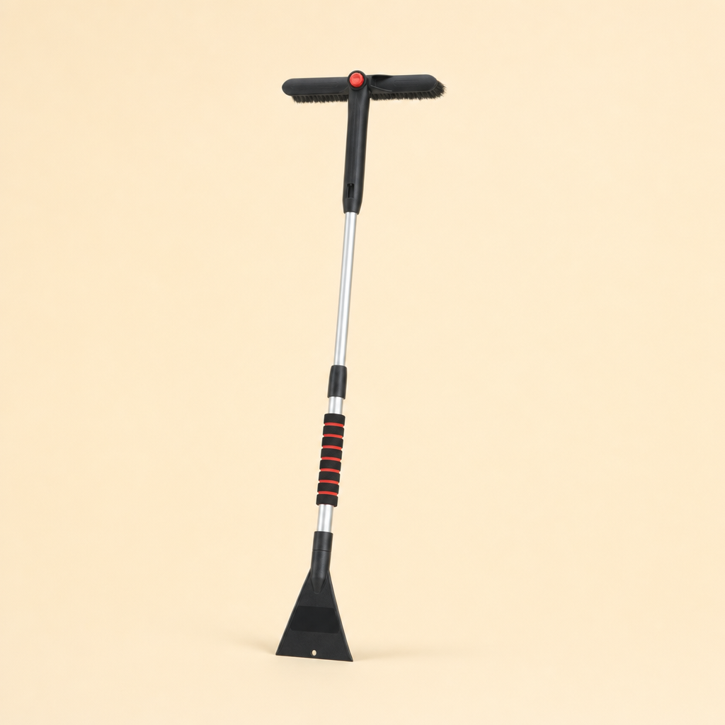 Frostra extendable snow shovel and ice scraper on a warm beige studio backdrop