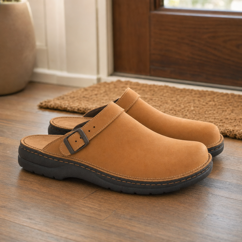 Close-up of Comfora brown leather slippers on a wooden floor