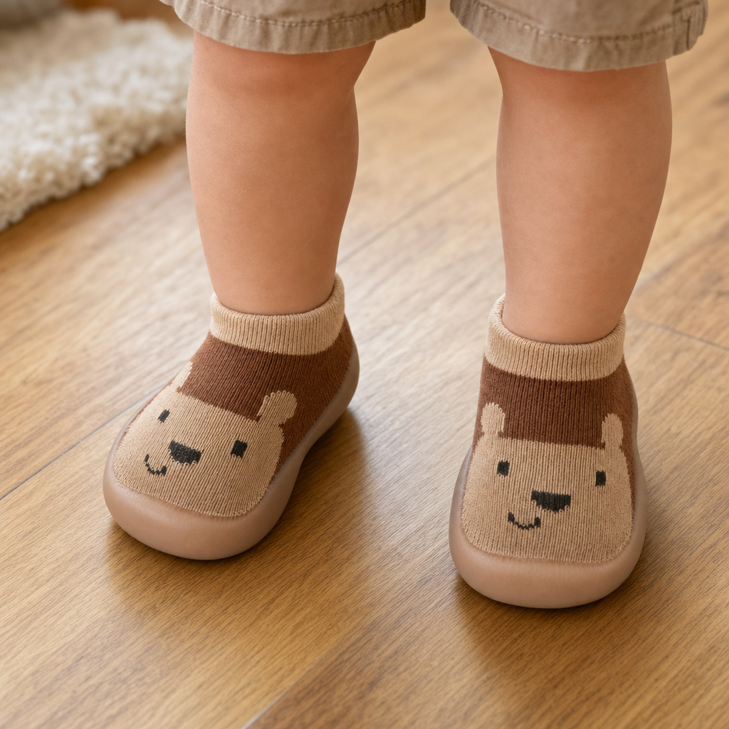 Cubbo baby barefoot shoes shown in use — toddler taking first steps on a soft rug