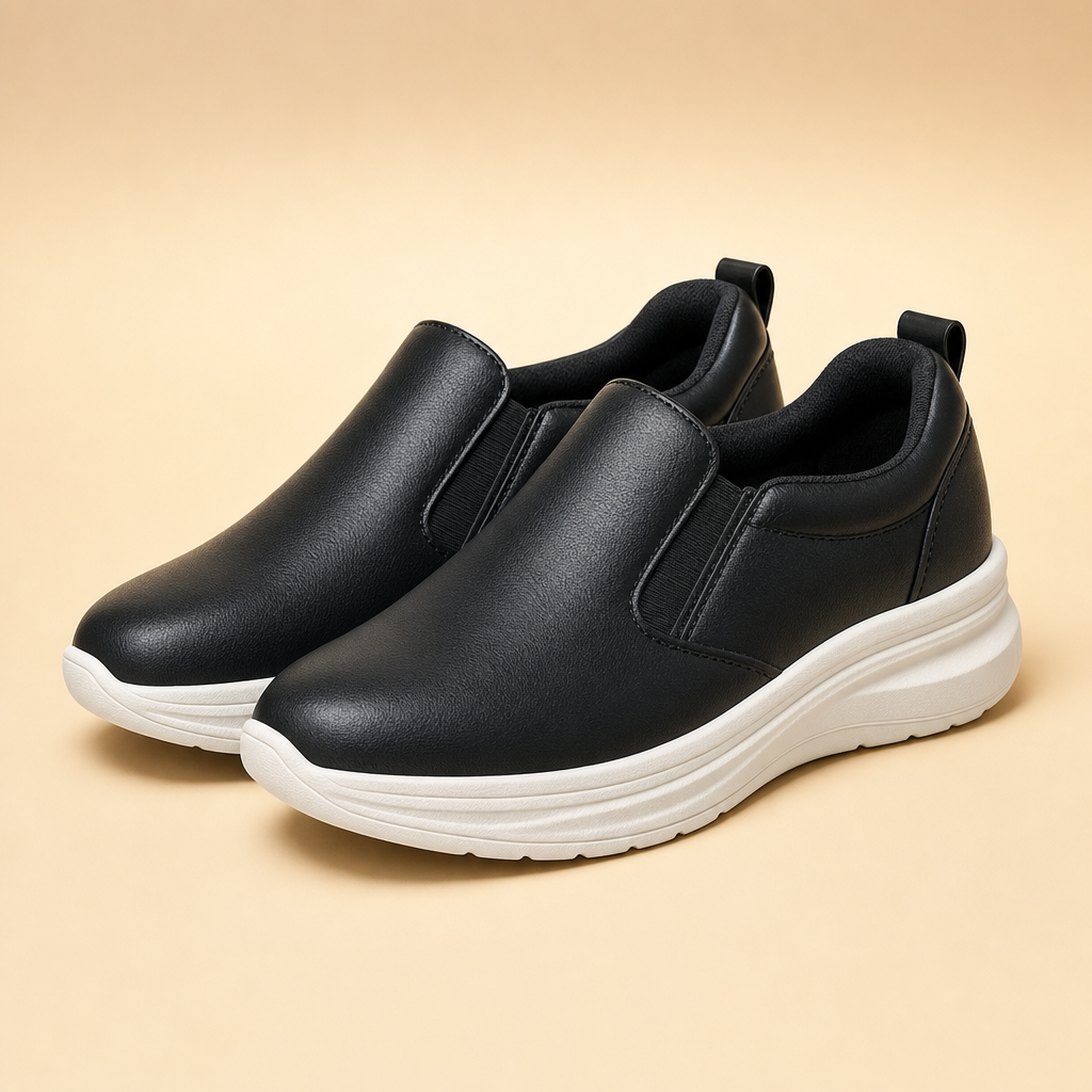 Glidova orthopaedic slip-on sneakers in black leather, studio photo