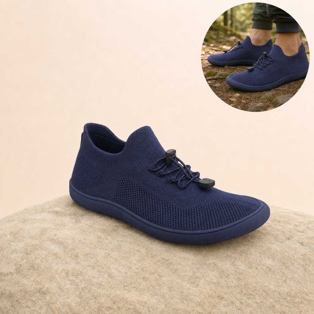 Strova barefoot walking shoes – Navy Blue on sandstone with in-use inset