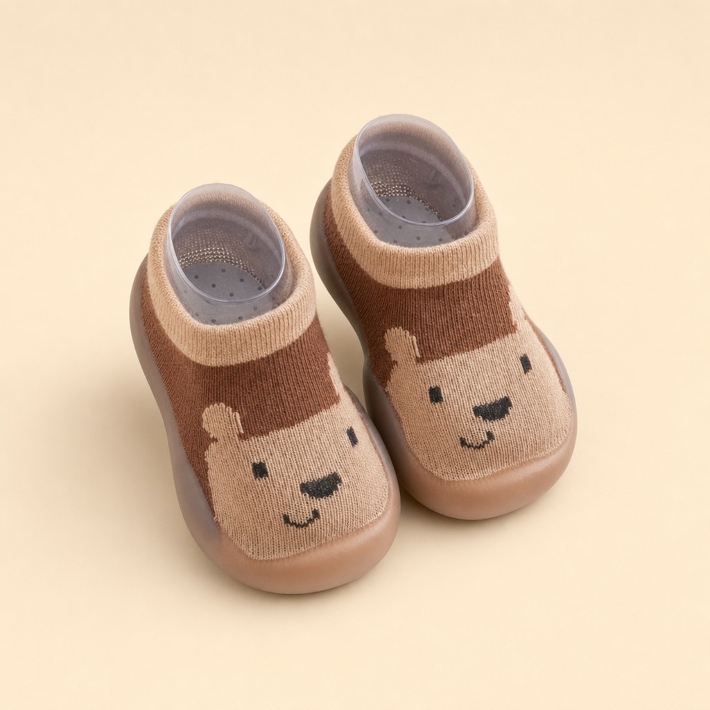 Cubbo baby barefoot shoes in Brown Bear design on a warm beige studio background