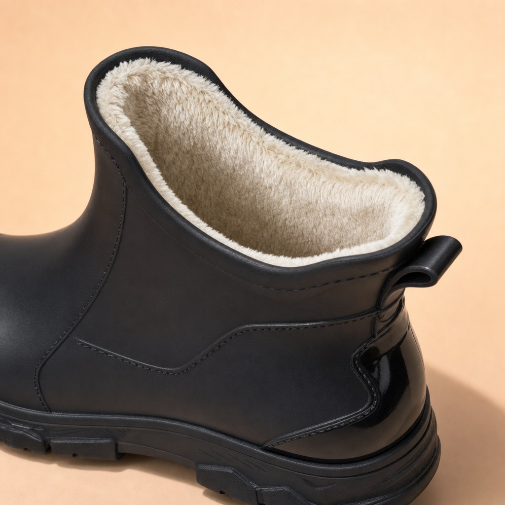 Fenwade rain boot fleece-lined collar and pull tab detail