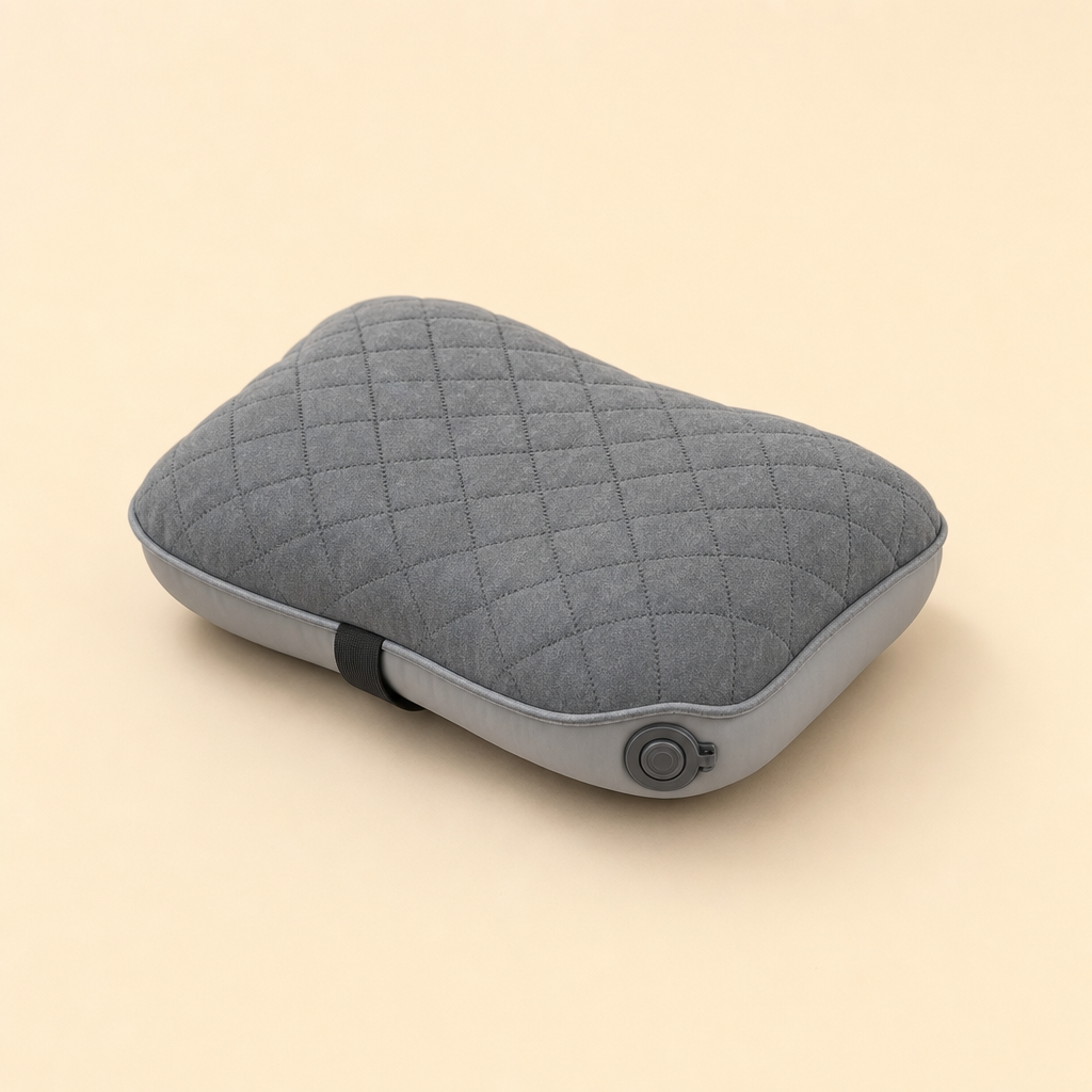 Loftra ultralight inflatable camping pillow in grey on a warm beige studio backdrop