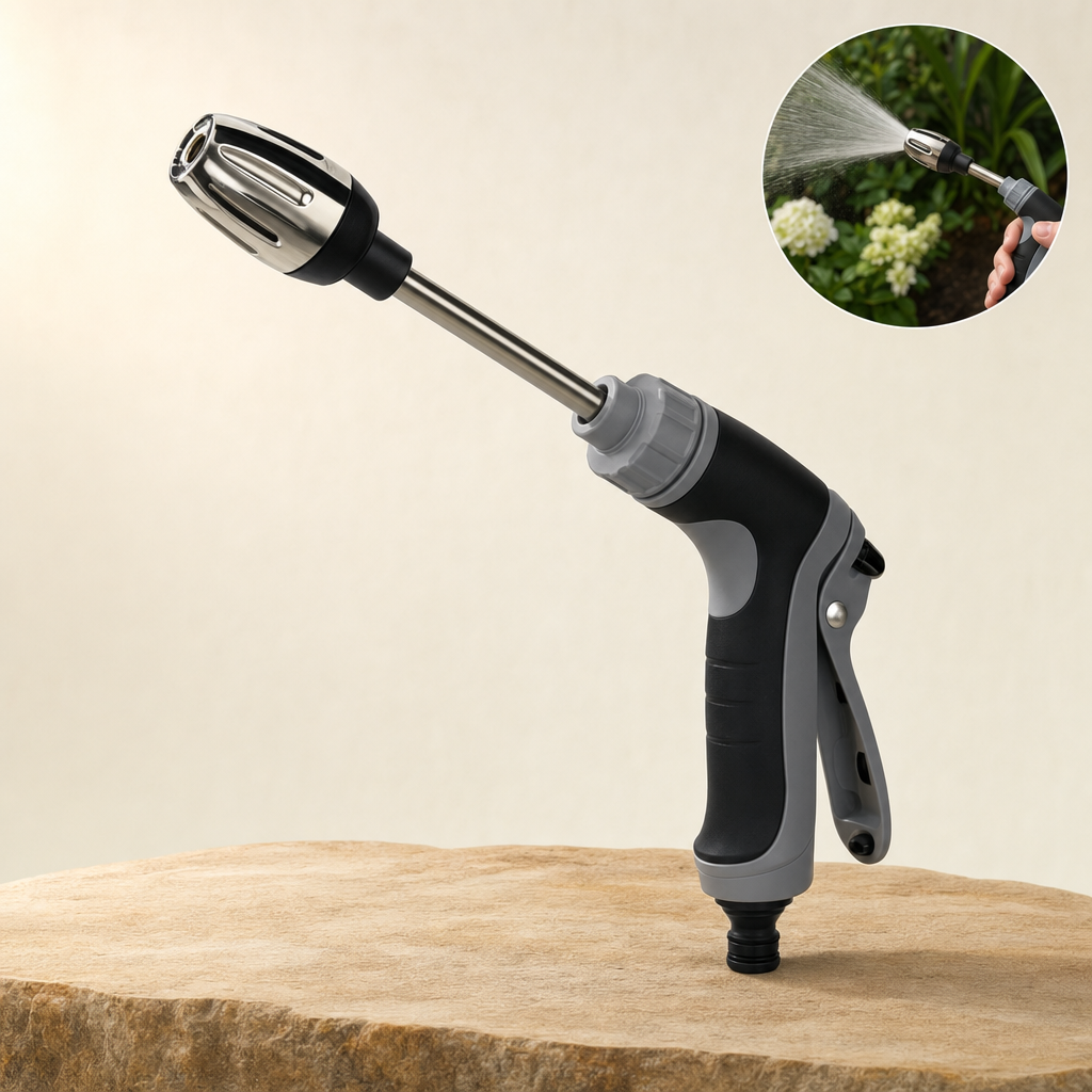 Jetora hose spray gun on a sandstone ledge with in-use inset