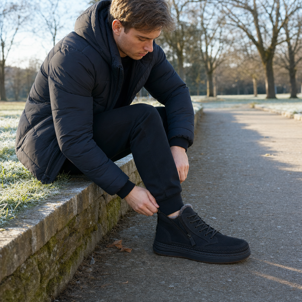 Pulling on Wintra winter shoes using the side zip