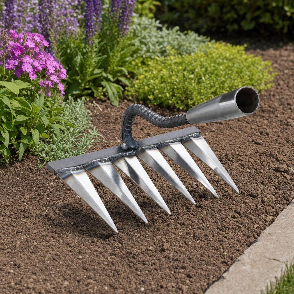 Tinora steel garden rake resting in a tidy garden bed