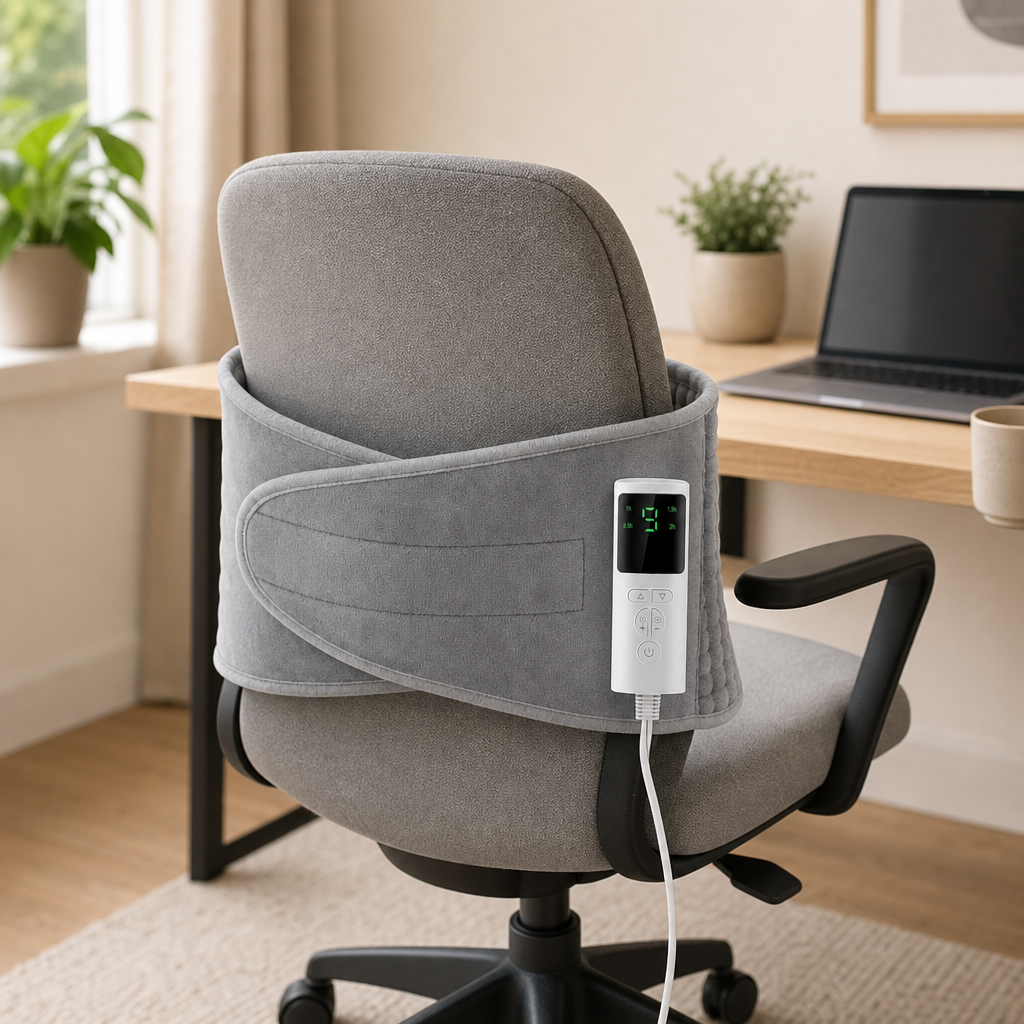 Warmora heated back belt over an office chair