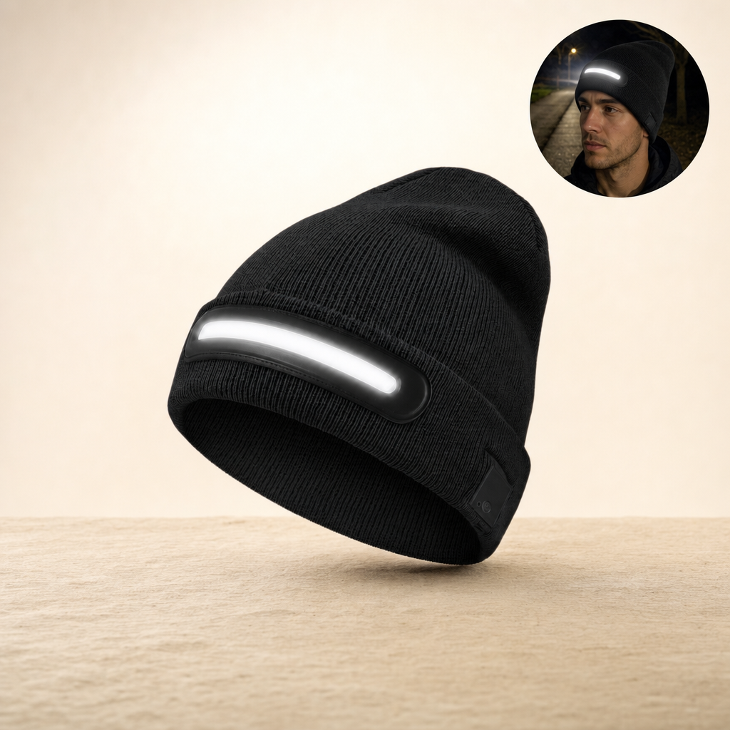 Glowix LED beanie on sandstone ledge with in-use inset