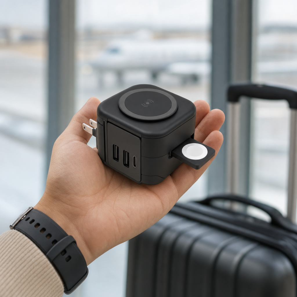 Voltara charger held in hand showing wireless pad and ports