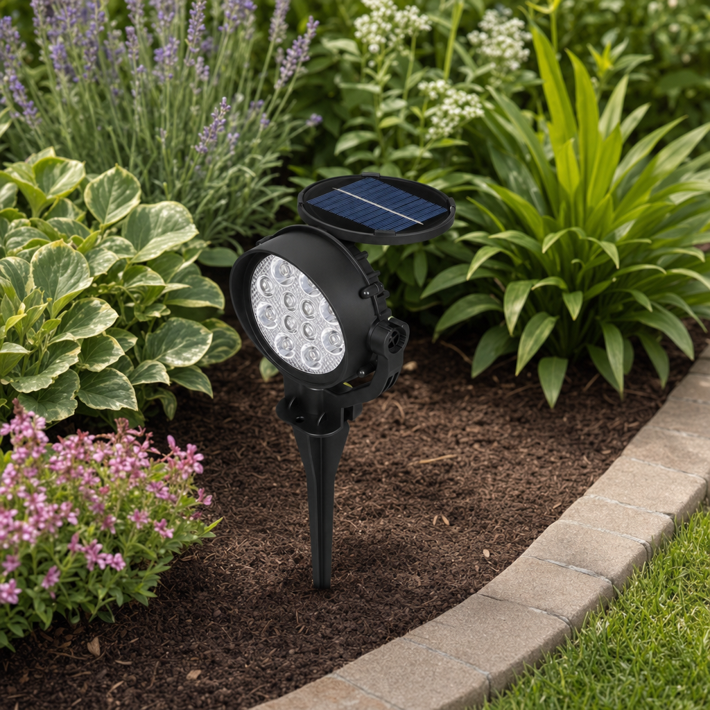 Sunora solar spotlight staked in a garden border