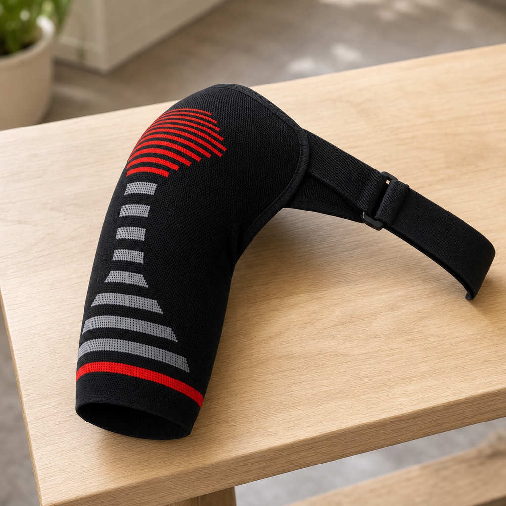 Close-up of the Firmora red knit shoulder sleeve and adjustable strap