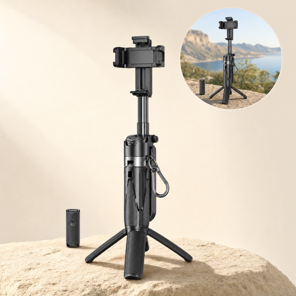 Trivora tripod selfie stick black with product-in-use inset