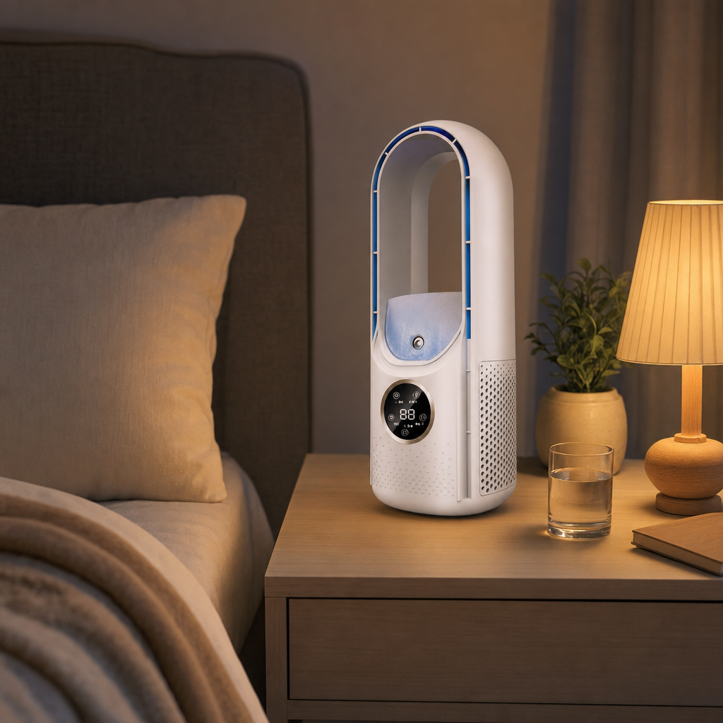 Zephora air cooler on a bedside table