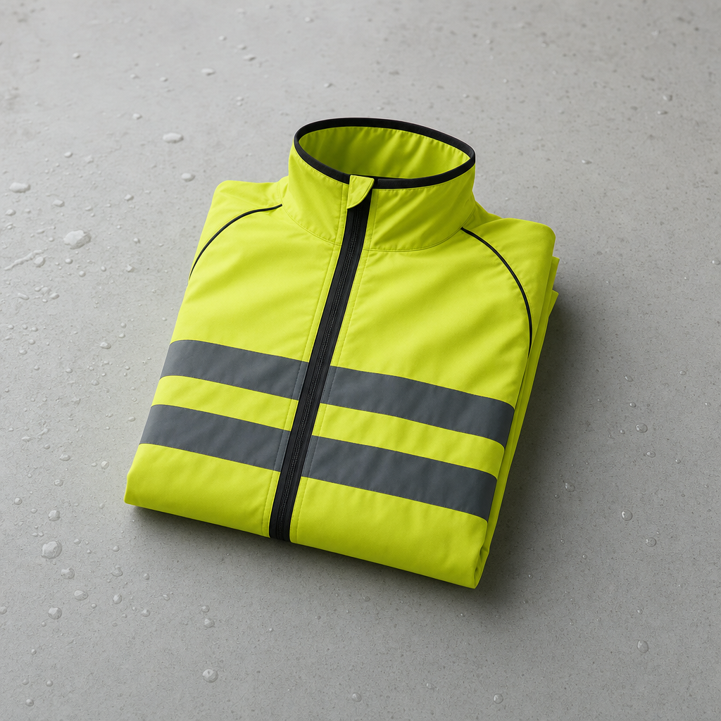 Stormix neon yellow rain jacket folded on a pale concrete surface