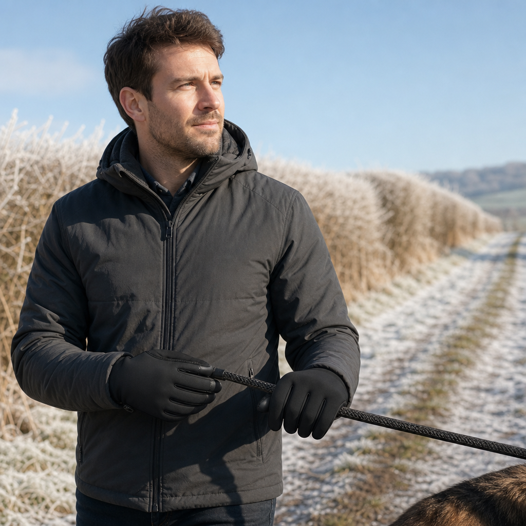 Thermova thermal gloves worn on a winter dog walk