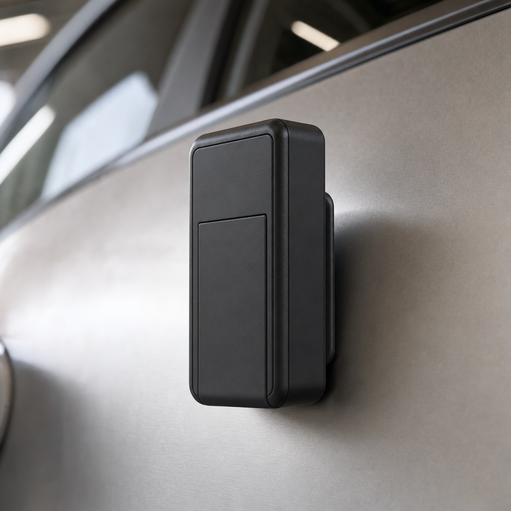 Locora GPS tracker close-up on metal surface