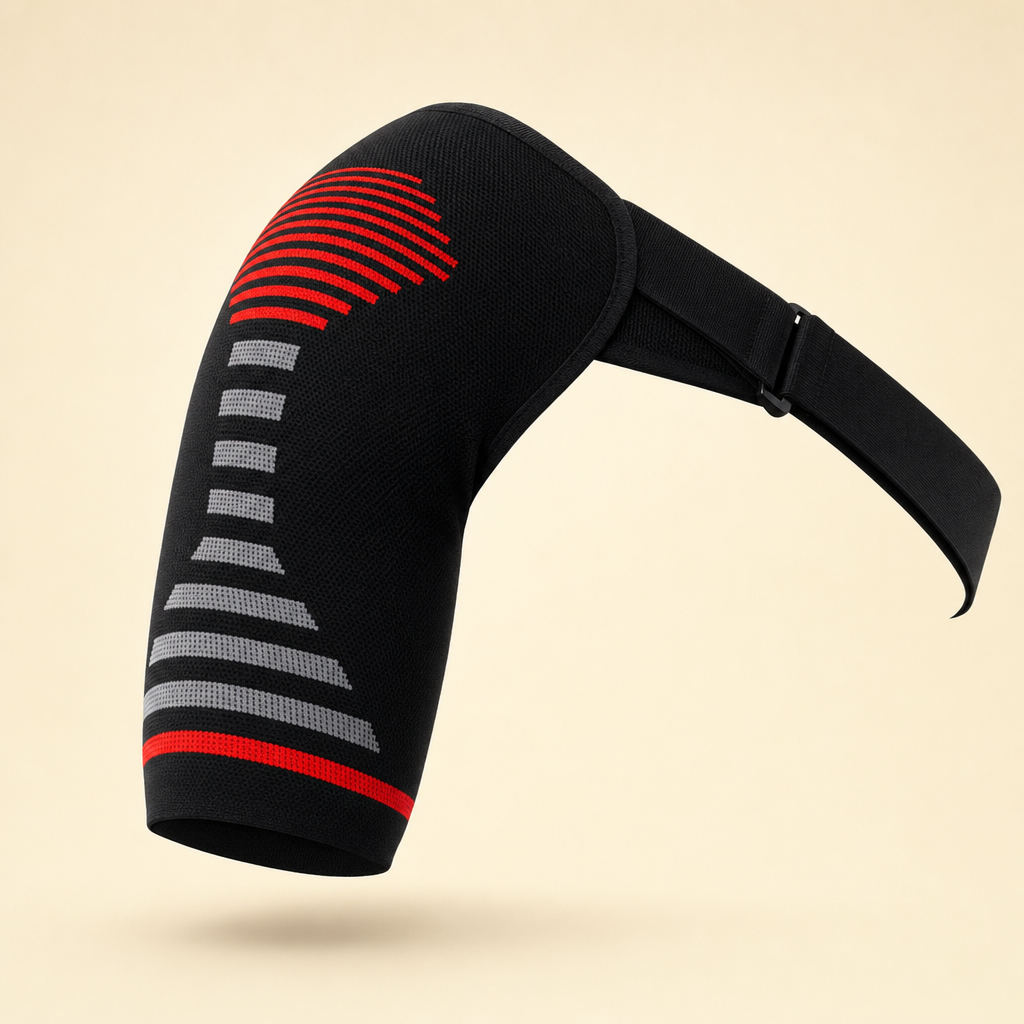 Firmora red compression shoulder support sleeve on a beige studio backdrop