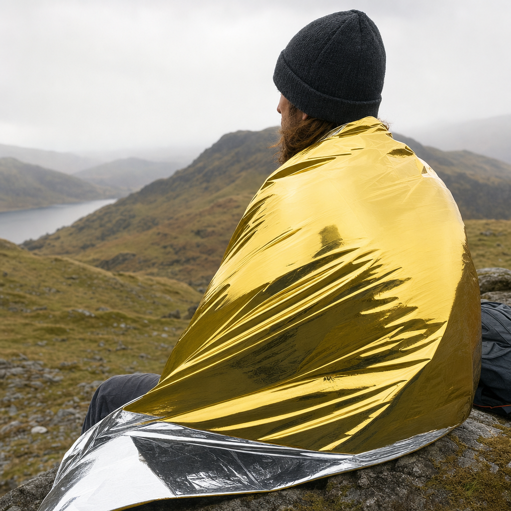 Survora foil blanket wrapped around a hiker outdoors