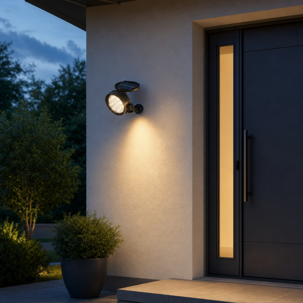 Sunora solar spotlight wall-mounted at dusk