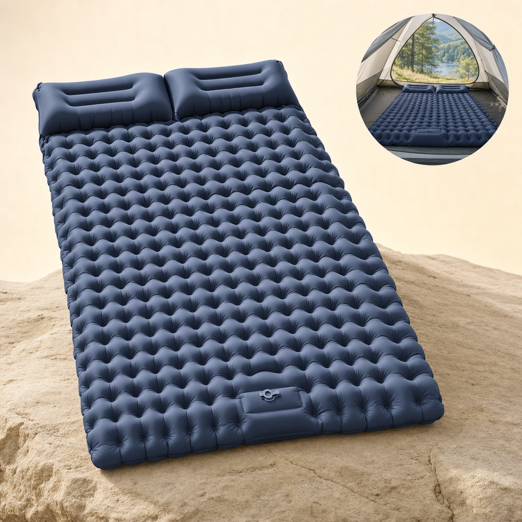 Nestora sleeping pad navy blue on rock ledge with in-use inset