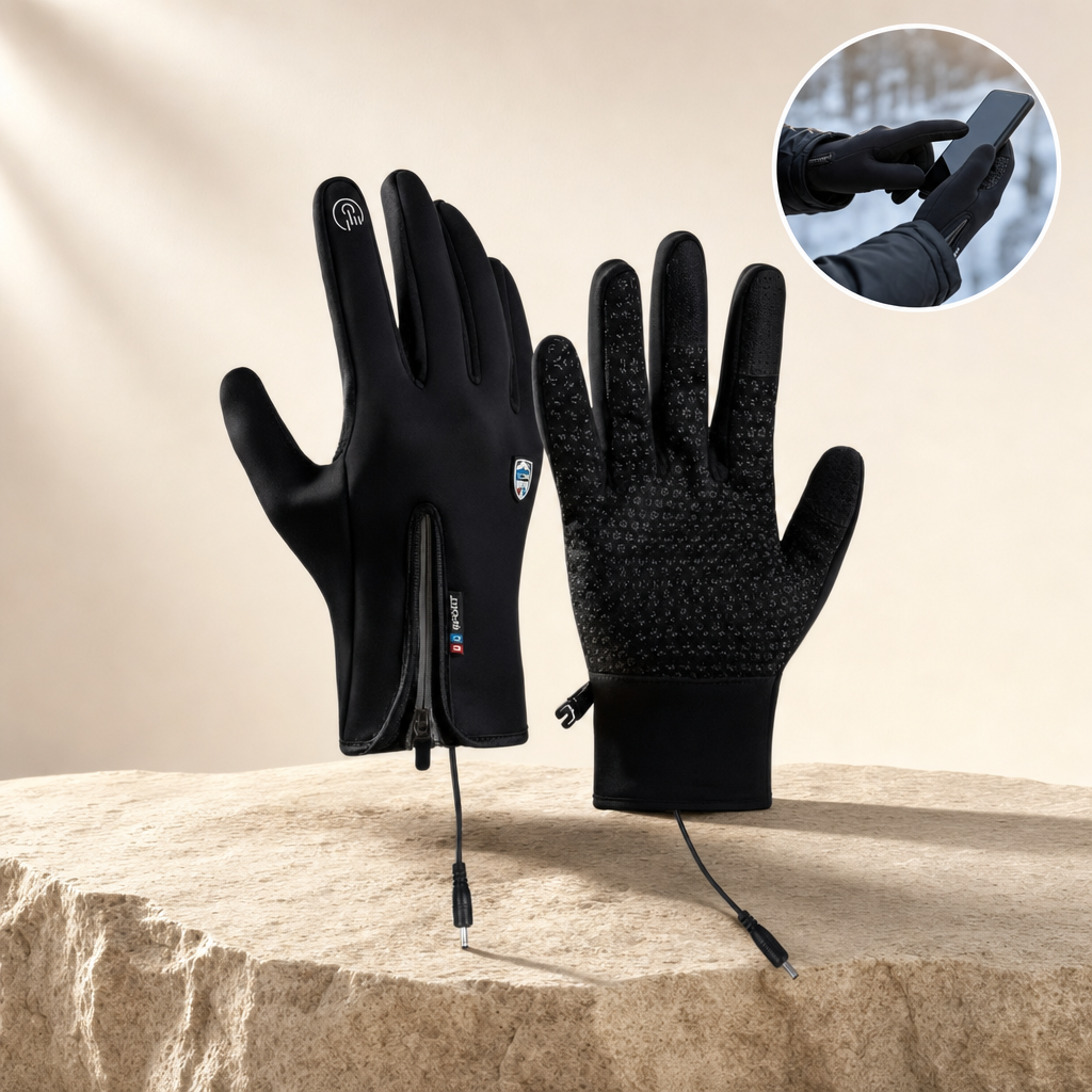 Thermara USB heated gloves — product on sandstone ledge with in-use inset