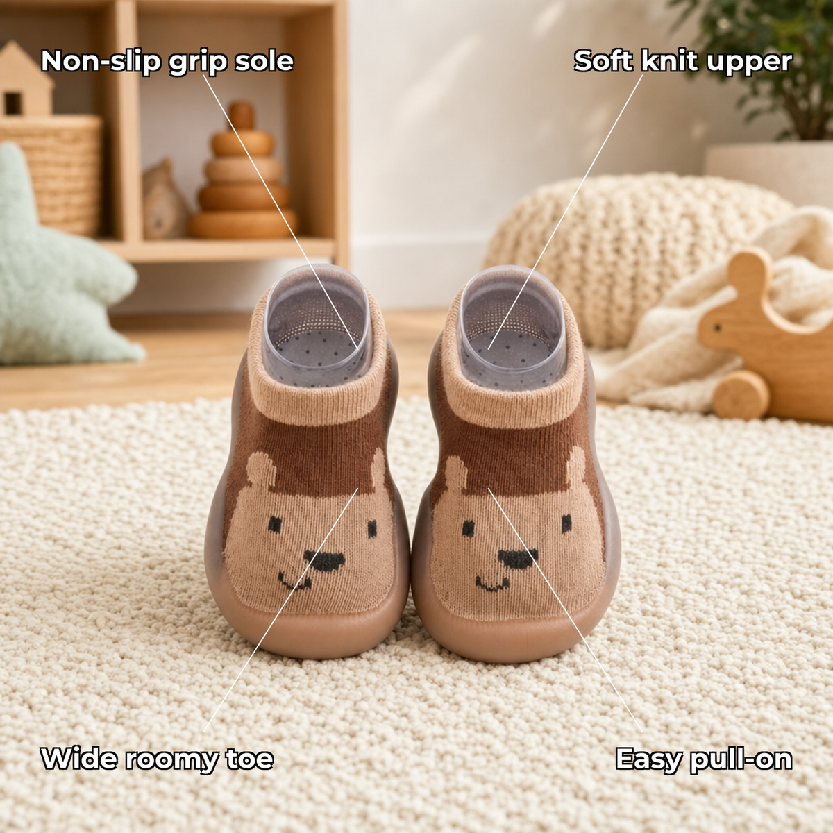 Cubbo baby barefoot shoes key features – non-slip grip sole, soft knit upper, wide roomy toe, easy pull-on