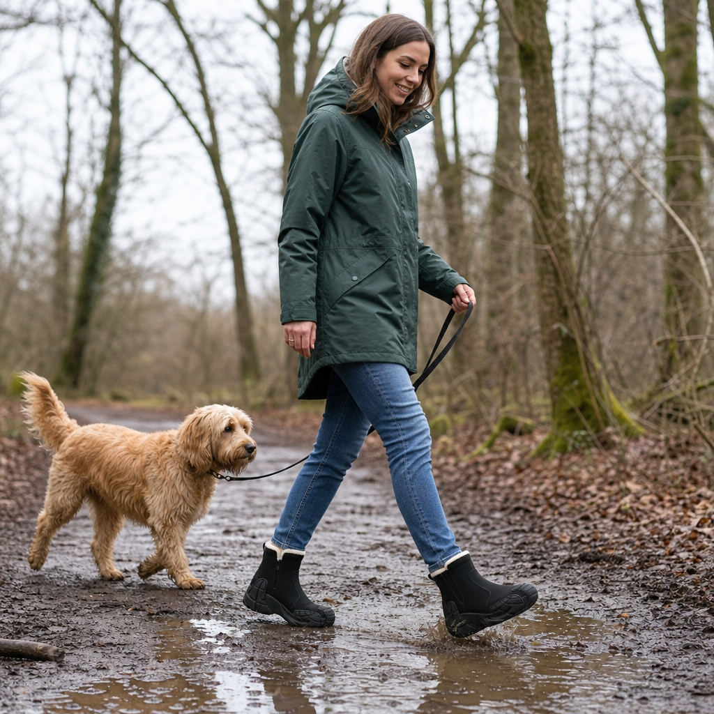 Torvex waterproof winter boots worn on a woodland dog walk