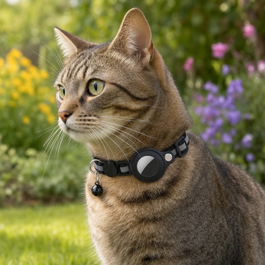 Cat wearing Trakova reflective GPS collar outdoors