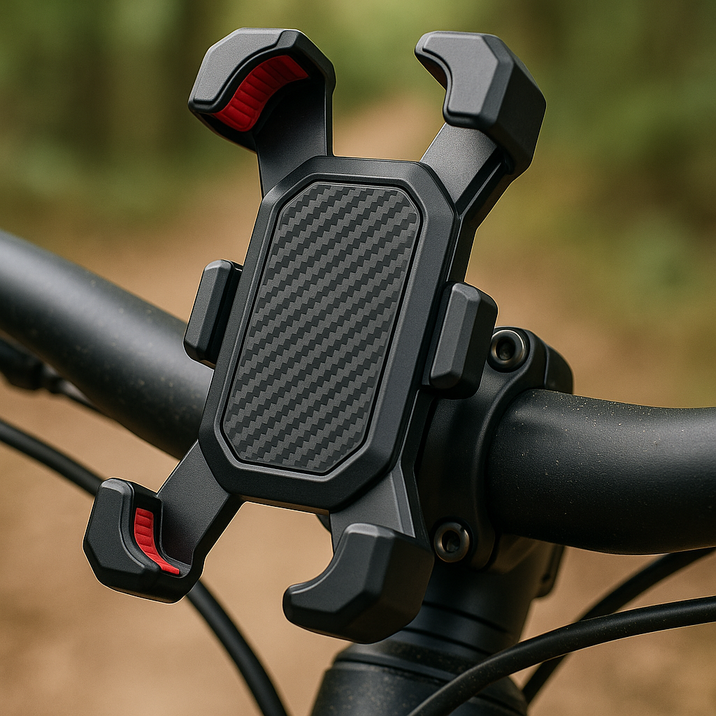 Close-up of the Mountix grip arms and clamp on a handlebar