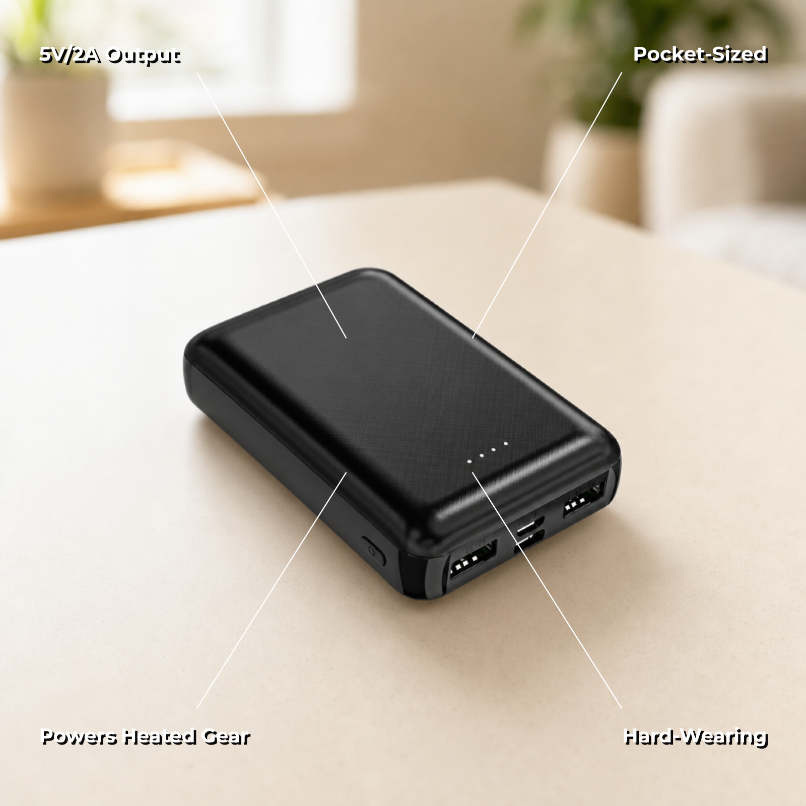 Voltra features — 5V/2A output, pocket-sized, powers heated gear
