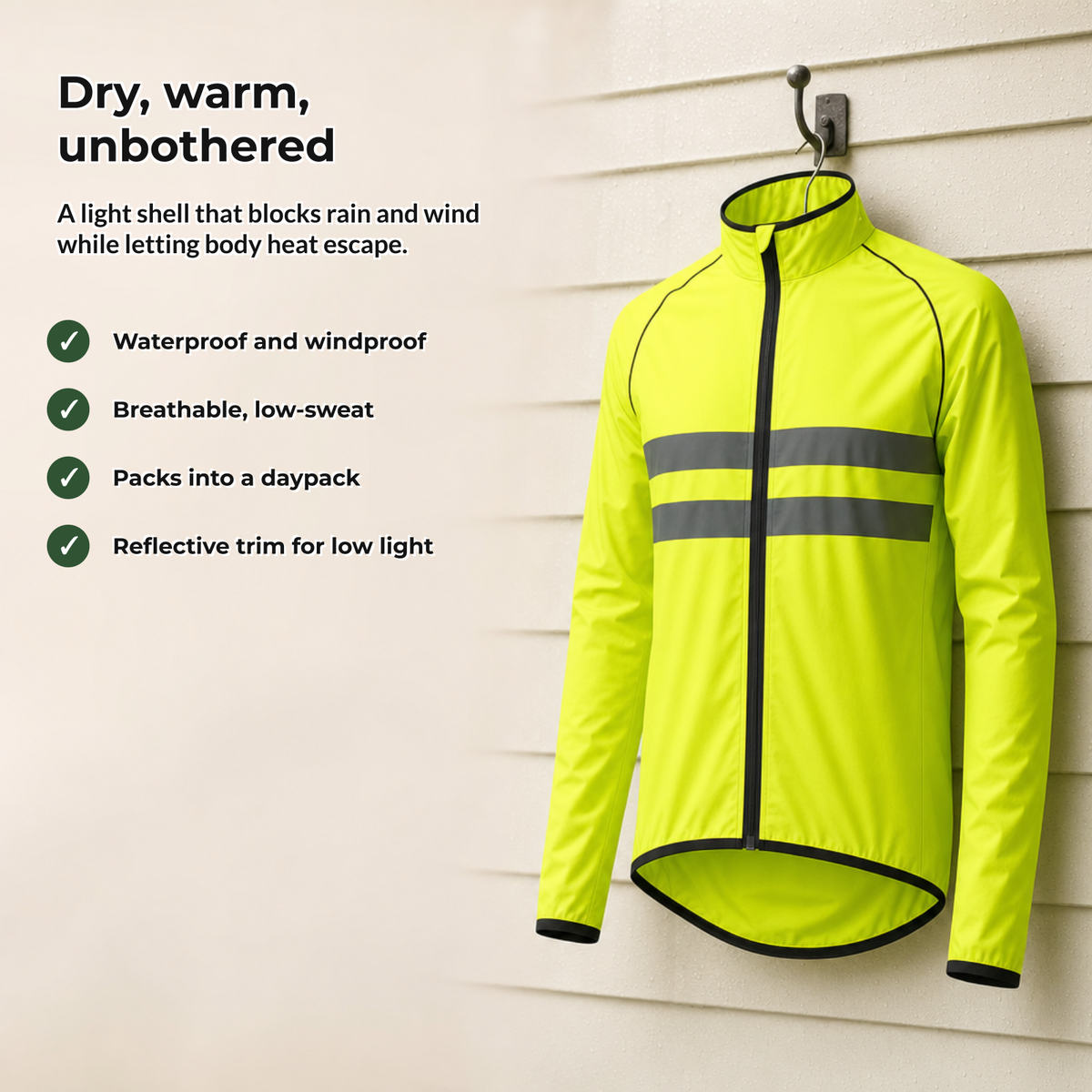 Stormix rain jacket benefits: waterproof and windproof, breathable, packs into a daypack, reflective trim
