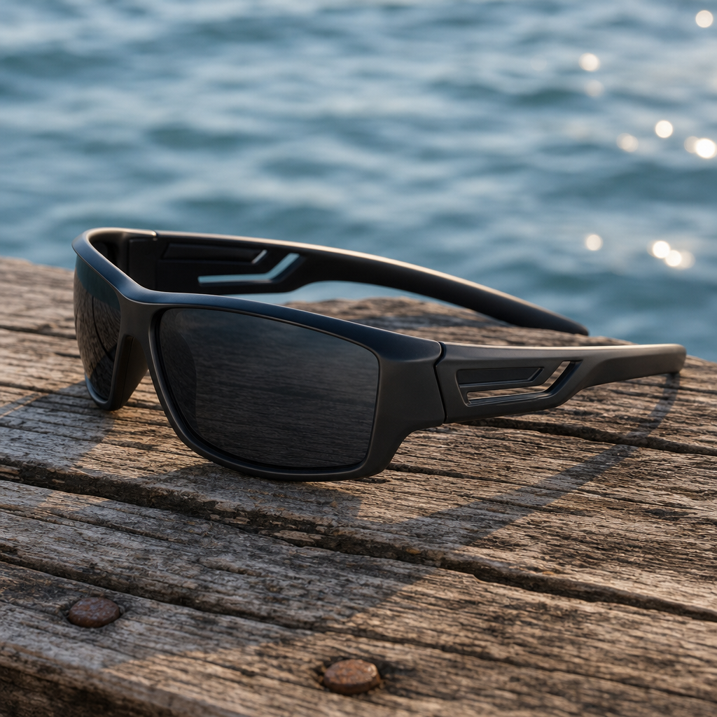 Glarix sunglasses close-up on jetty