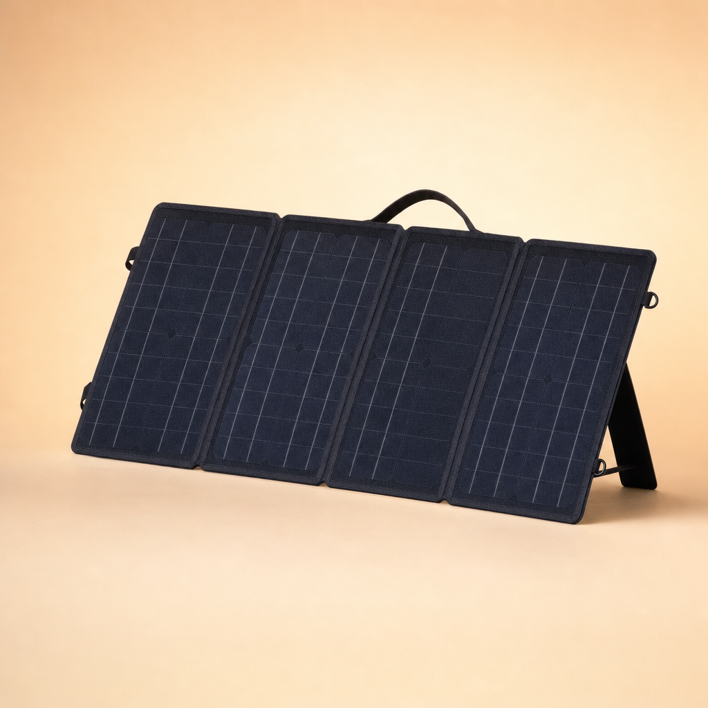 Solvix 100W foldable solar panel, partially unfolded on a beige studio backdrop