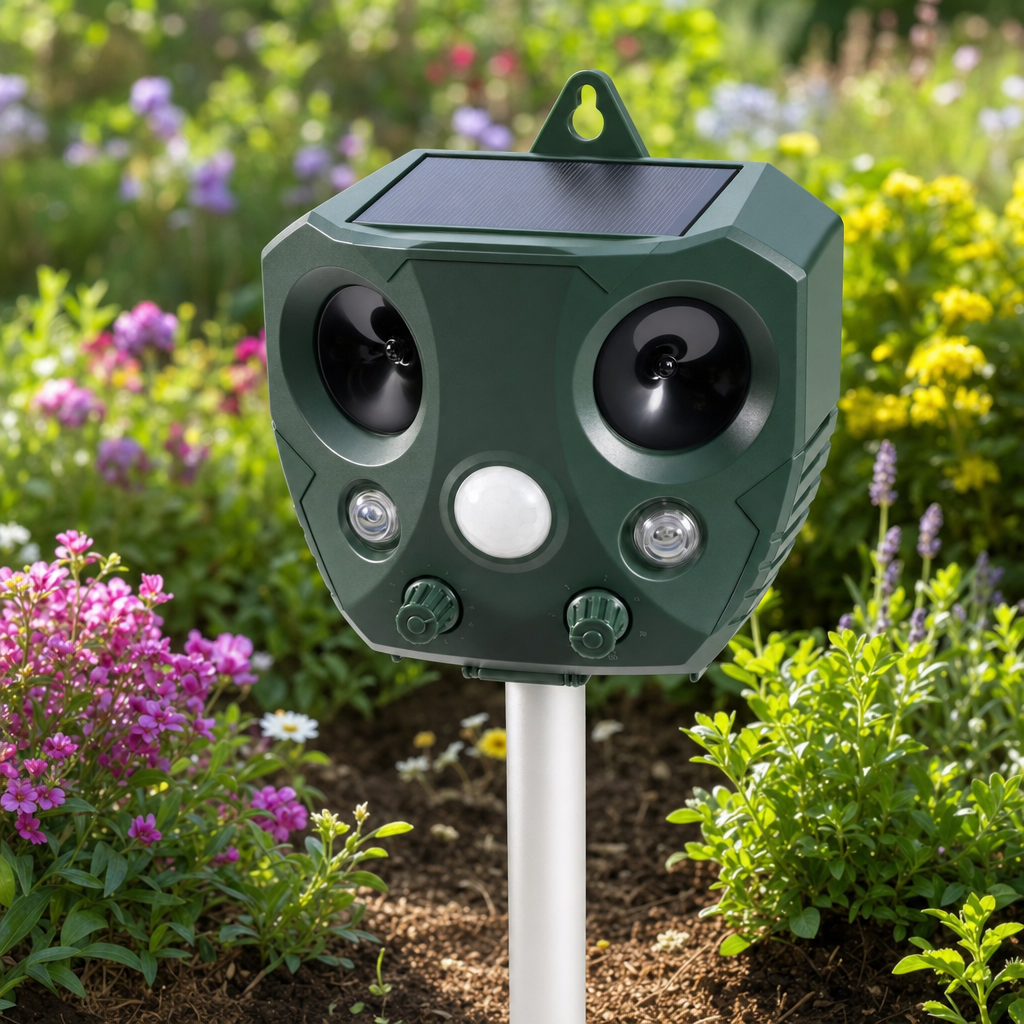 Sentora pest repeller close-up in a garden bed