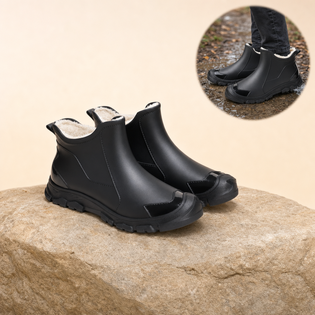 Fenwade rain boots in black on stone ledge