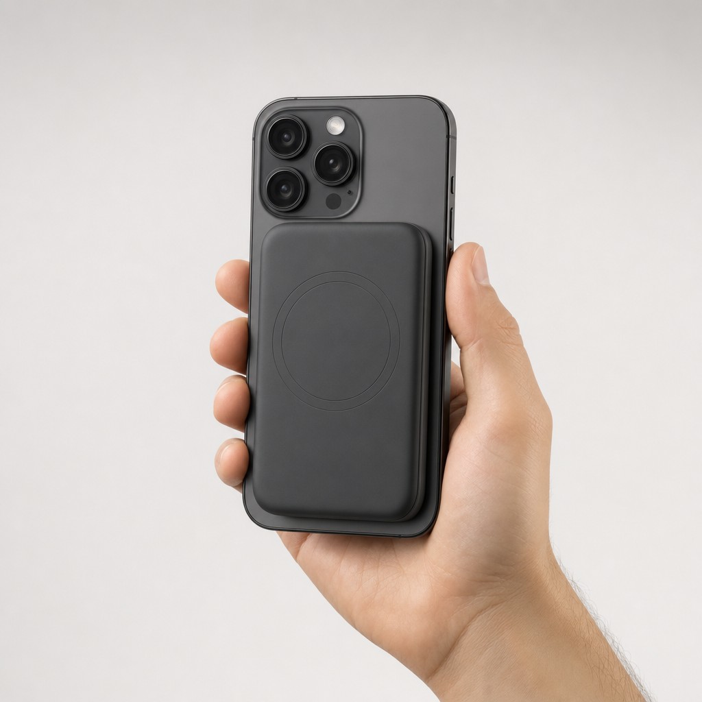 Voltova power bank snapped on back of a phone in hand