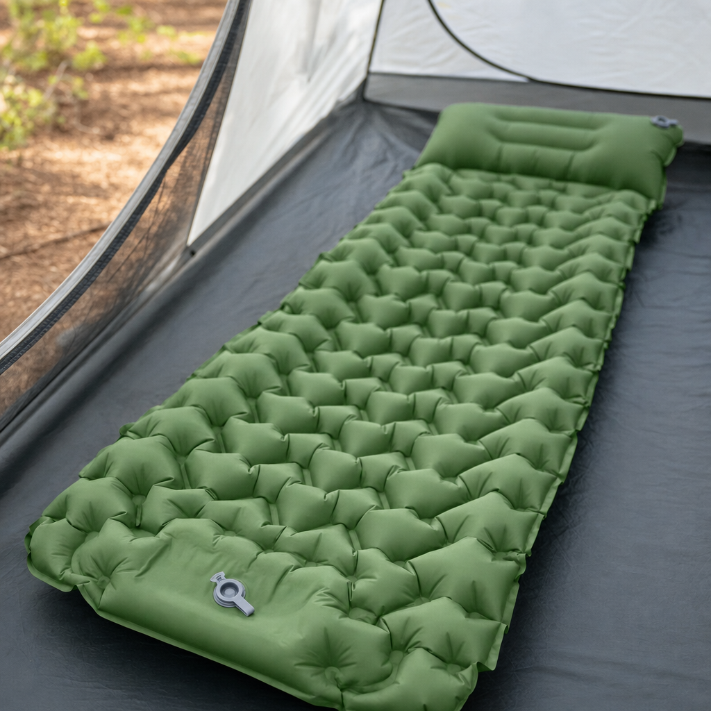 Slumbra sleeping mat set up in a tent, close-up