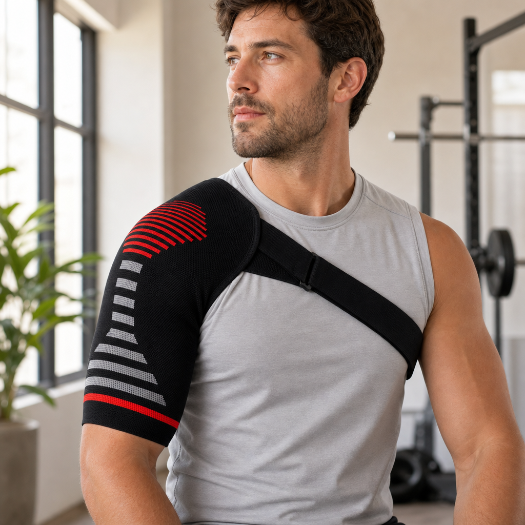 Firmora red compression shoulder sleeve worn on the shoulder