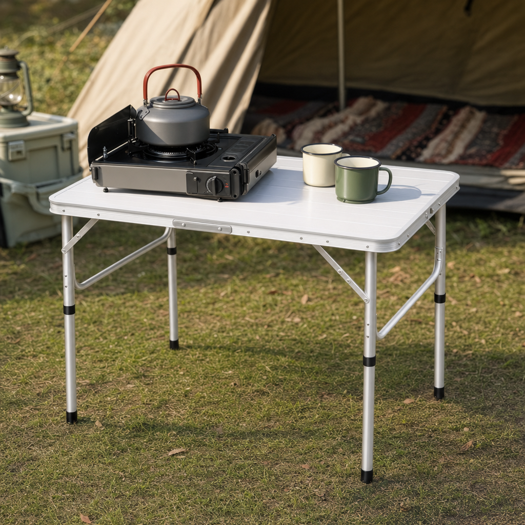 Tavora camping table with camp gear on top
