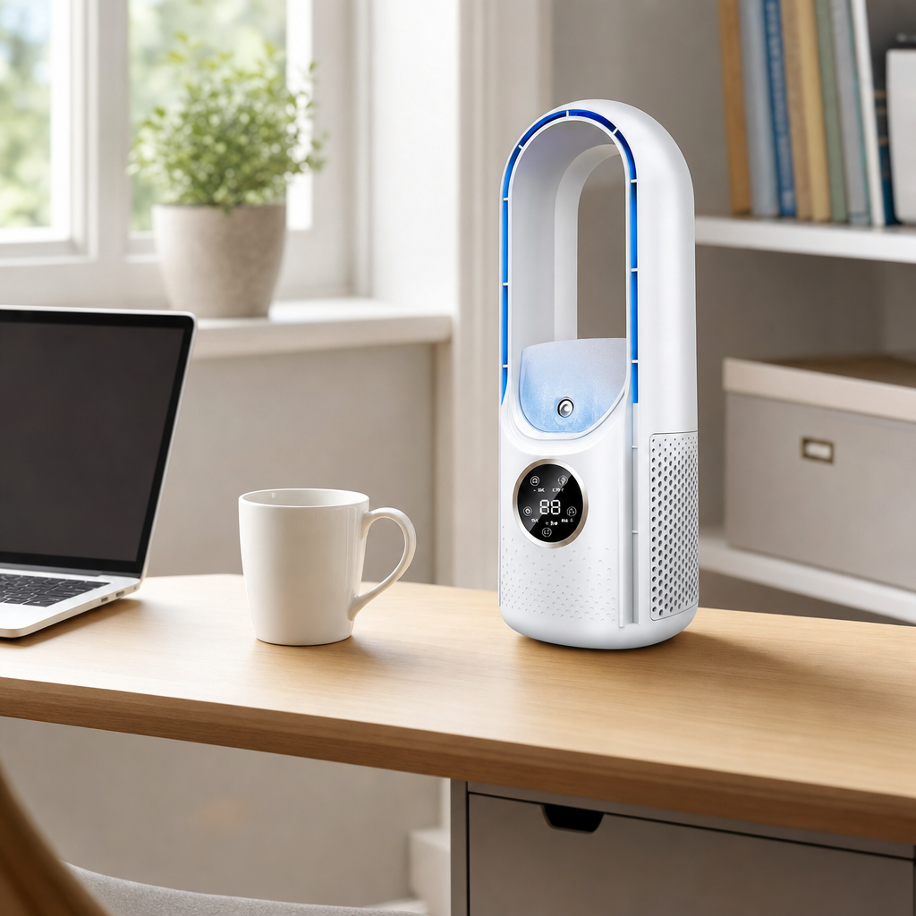 Zephora air cooler on a home office desk