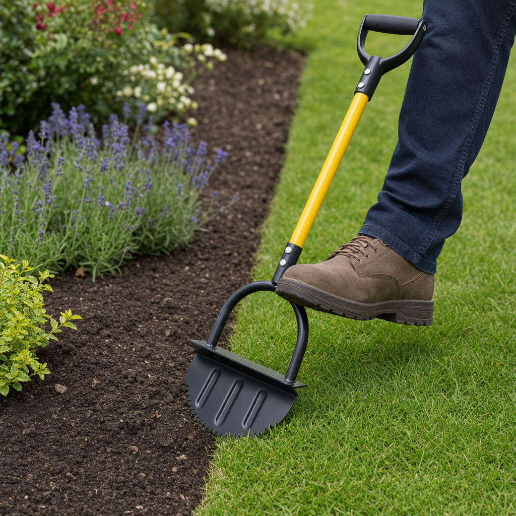 Edgora lawn edger in use at a lawn border